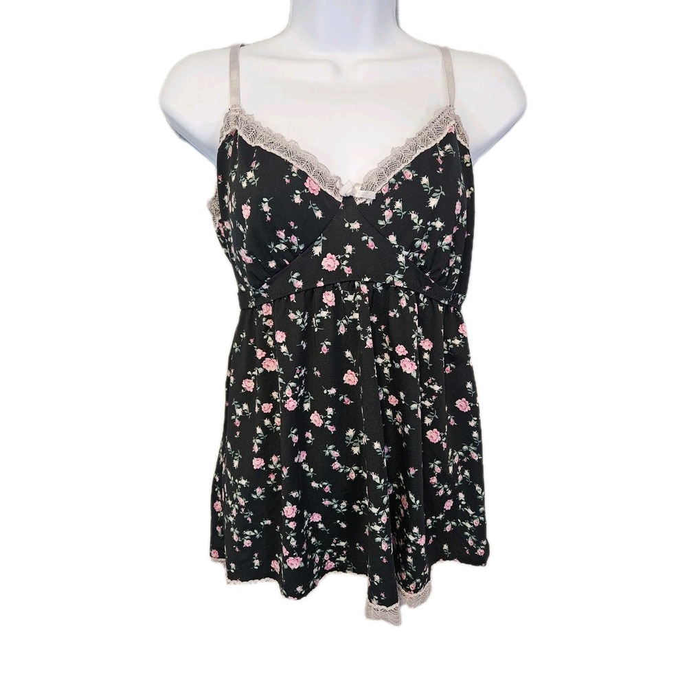 Laura Ashley Floral Babydoll Nightie Womens Small Black Pink Lace Trim Lingerie